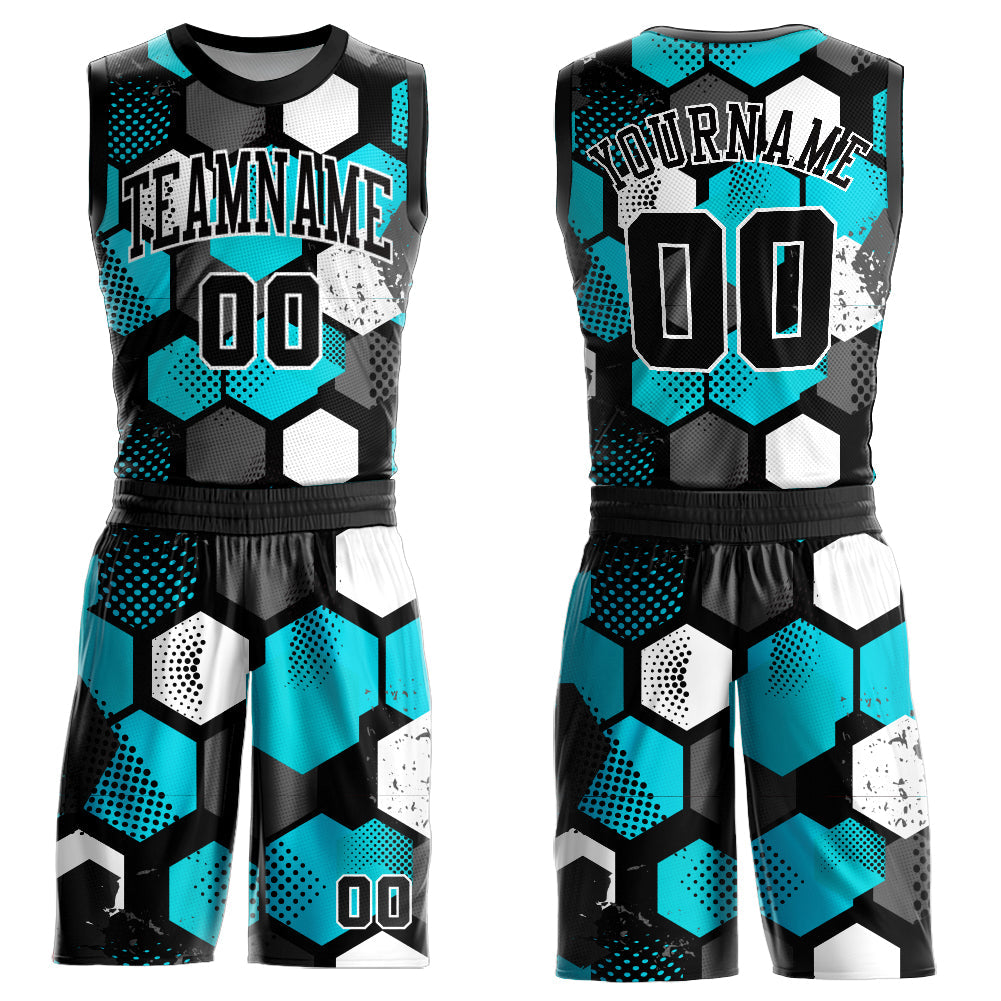 Custom Black Aqua-White Round Neck Sublimation Basketball Uniform Jersey - Main View
