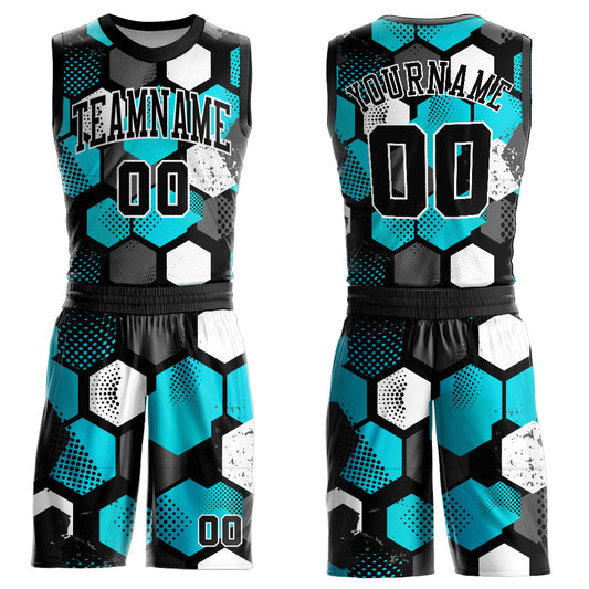 Custom Black Aqua-White Round Neck Sublimation Basketball Uniform Jersey - Main View