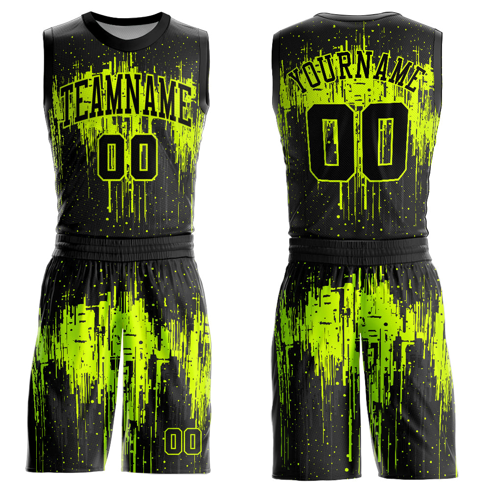 Custom Black Neon Green Round Neck Sublimation Basketball Uniform Jersey - Main View