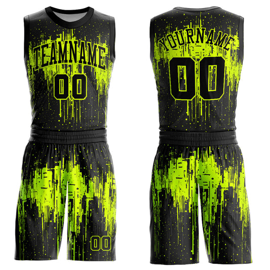 Custom Black Neon Green Round Neck Sublimation Basketball Uniform Jersey - Main View