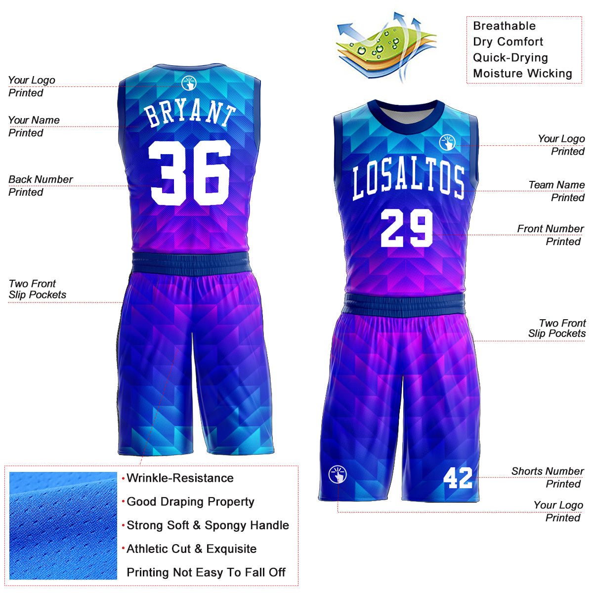 Custom Royal White Light Blue-Hot Pink Round Neck Sublimation Basketball Uniform Jersey view 2