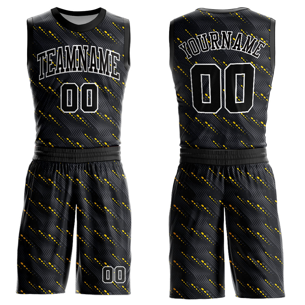 Custom Black Gold-White Round Neck Sublimation Basketball Uniform Jersey - Main View