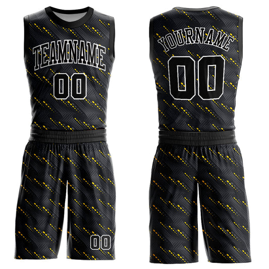 Custom Black Gold-White Round Neck Sublimation Basketball Uniform Jersey - Main View