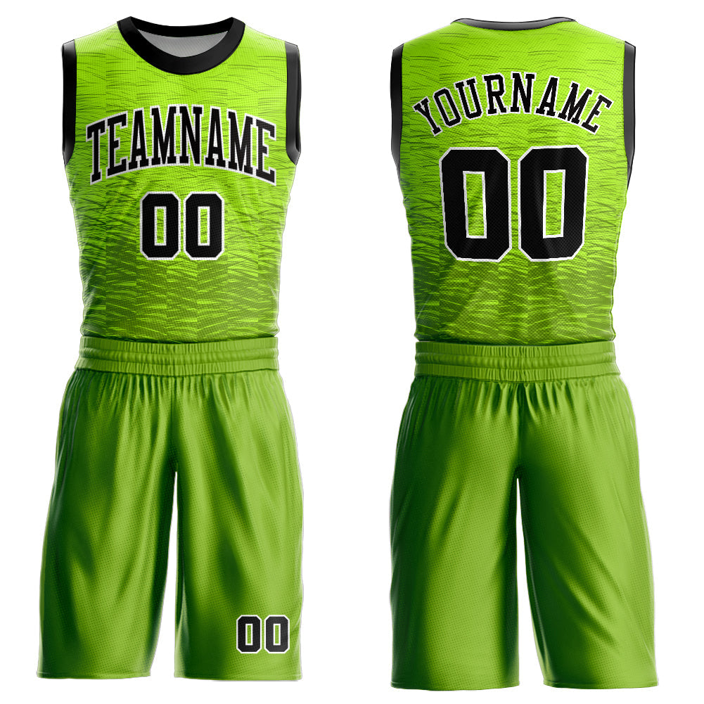 Custom Neon Green Black-White Round Neck Sublimation Basketball Uniform Jersey - Main View