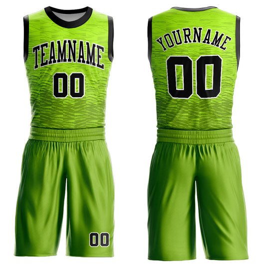 Custom Neon Green Black-White Round Neck Sublimation Basketball Uniform Jersey - Main View