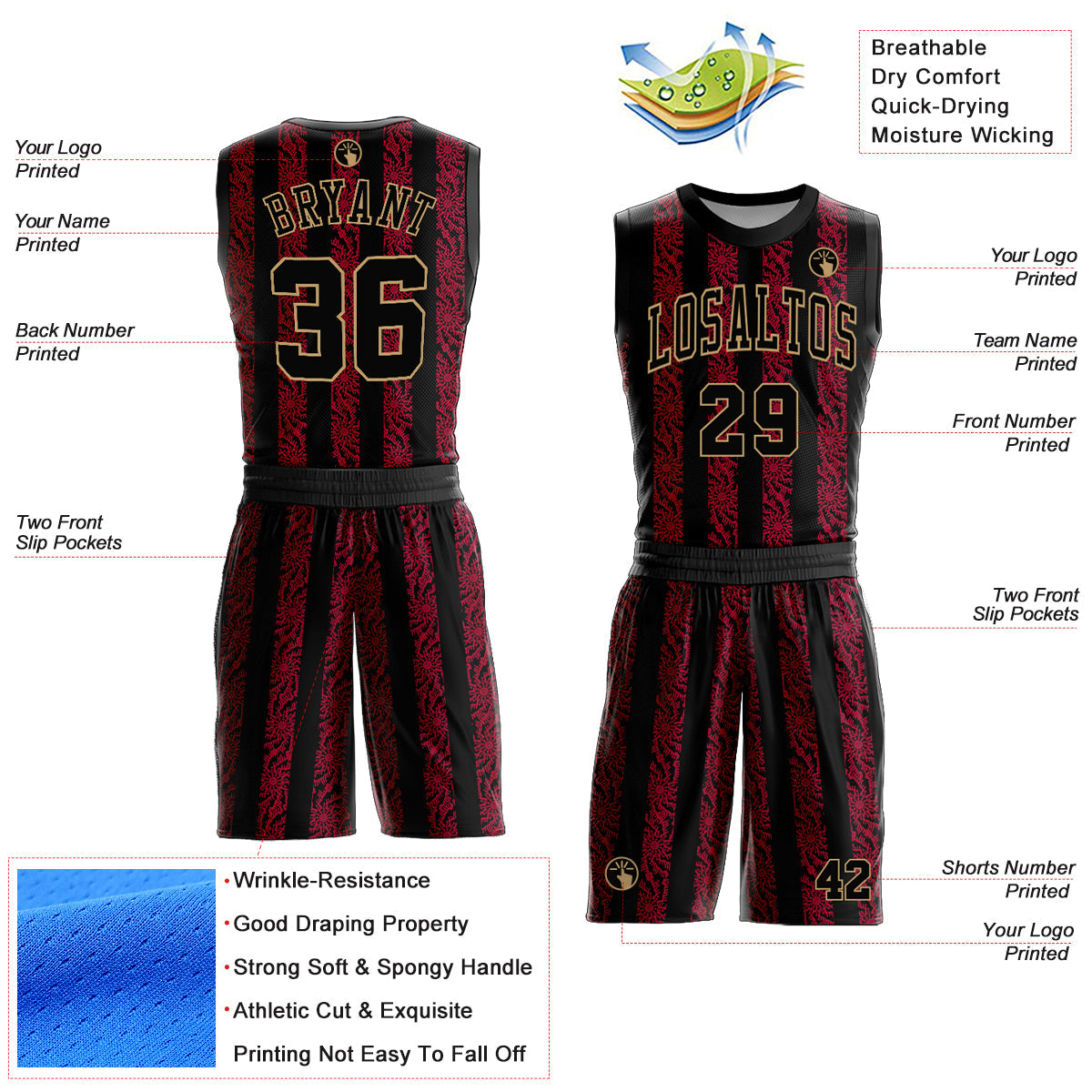 Custom Red Black-Old Gold Round Neck Sublimation Basketball Uniform Jersey view 2