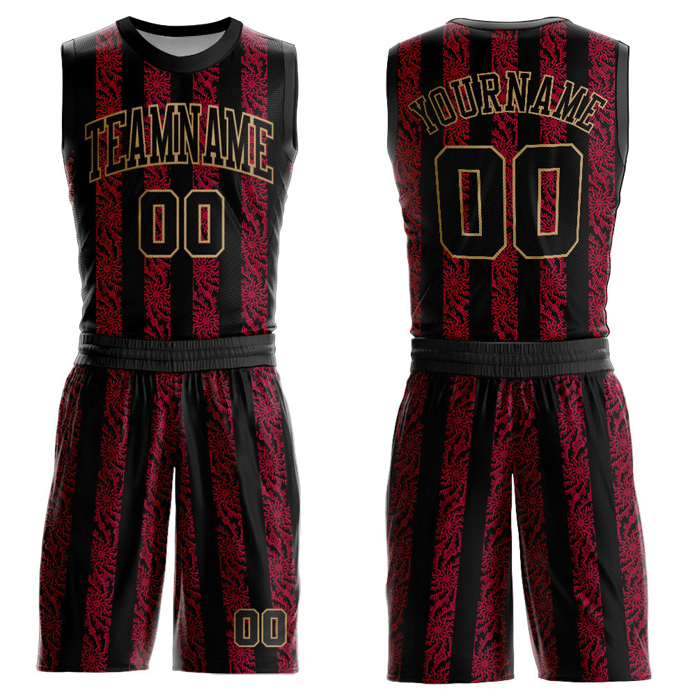 Custom Red Black-Old Gold Round Neck Sublimation Basketball Uniform Jersey - Main View