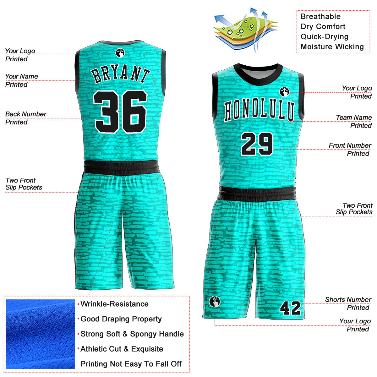 Custom Aqua Black-White Round Neck Sublimation Basketball Uniform Jersey view 2