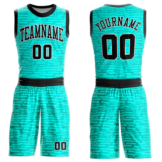 Custom Aqua Black-White Round Neck Sublimation Basketball Uniform Jersey - Main View