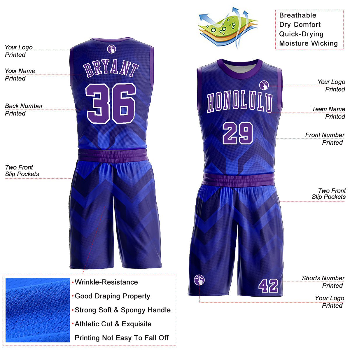 Custom Royal Purple-White Round Neck Sublimation Basketball Uniform Jersey view 2
