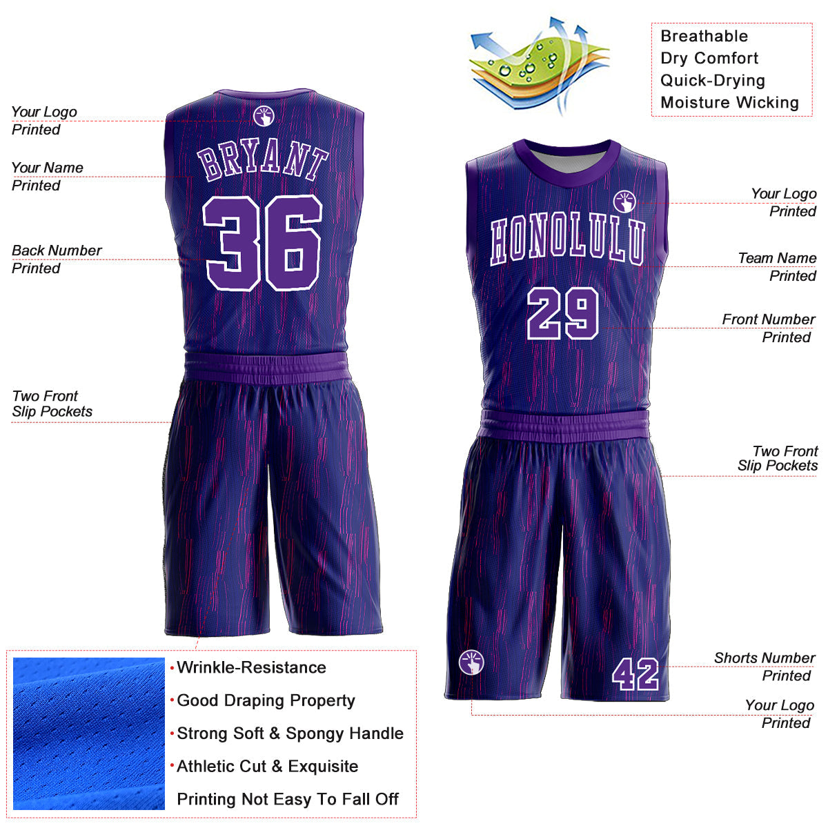Custom Purple White Round Neck Sublimation Basketball Uniform Jersey view 2