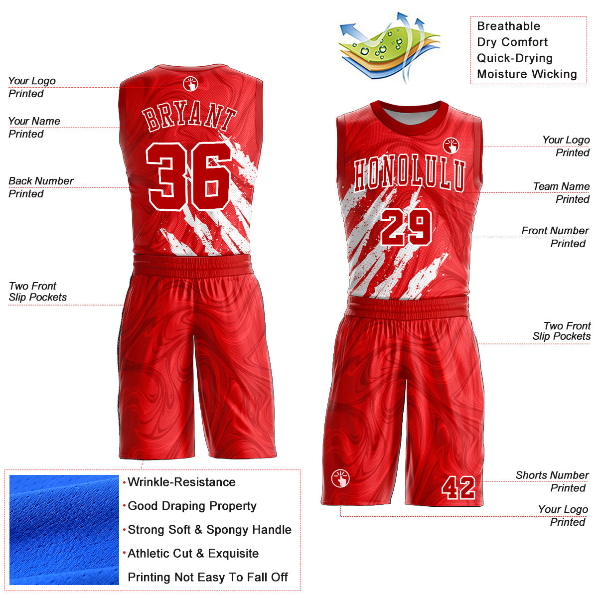 Custom Red White Round Neck Sublimation Basketball Uniform Jersey view 2