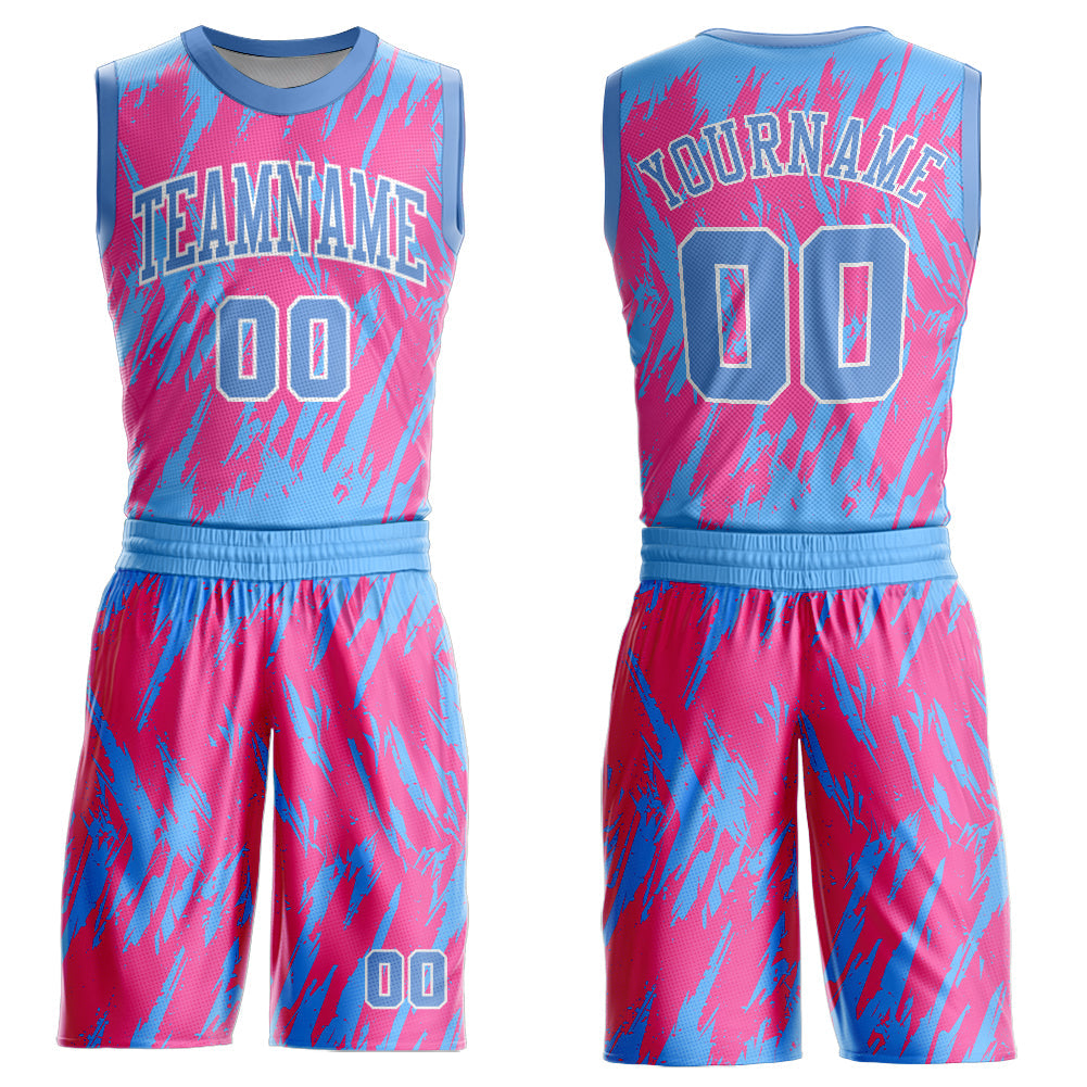 Custom Pink Light Blue-White Round Neck Sublimation Basketball Uniform Jersey - Main View