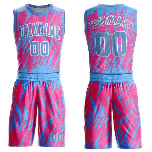 Custom Pink Light Blue-White Round Neck Sublimation Basketball Uniform Jersey - Main View