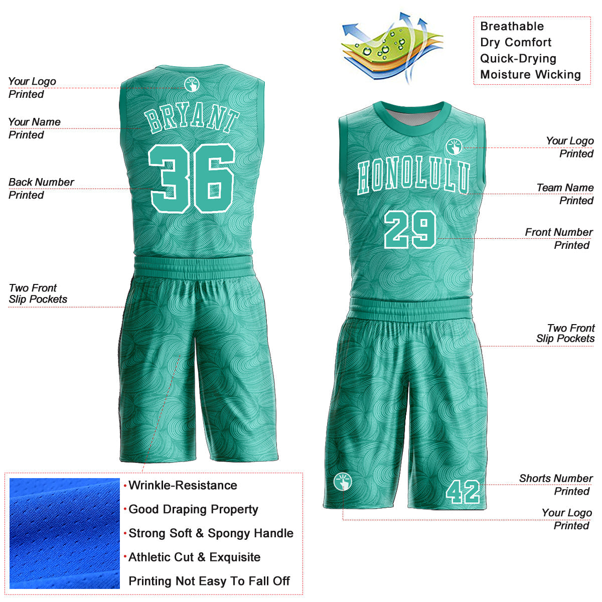 Custom Aqua White Round Neck Sublimation Basketball Uniform Jersey view 2
