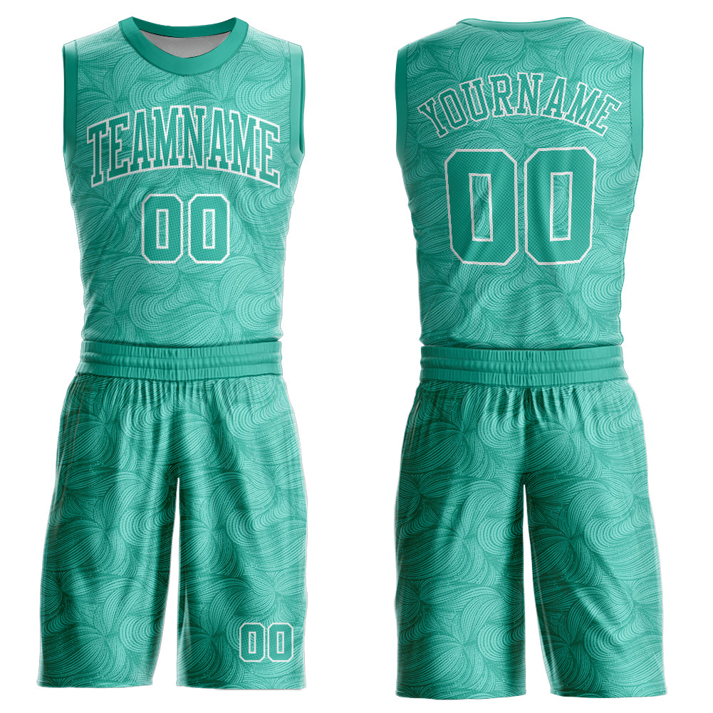 Custom Aqua White Round Neck Sublimation Basketball Uniform Jersey - Main View