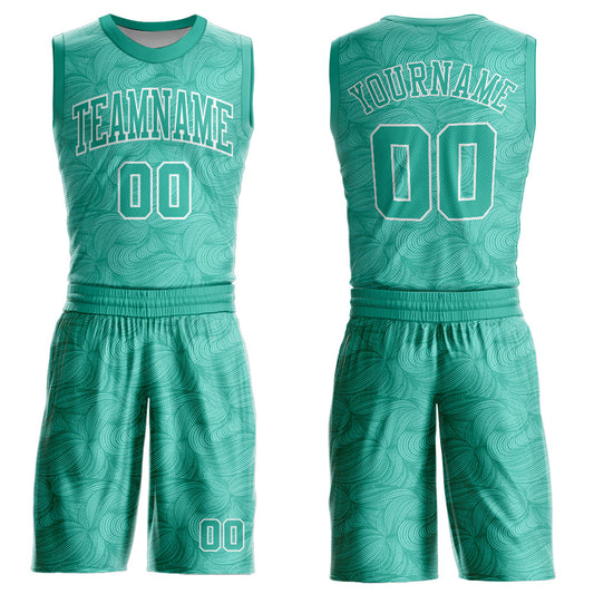 Custom Aqua White Round Neck Sublimation Basketball Uniform Jersey - Main View