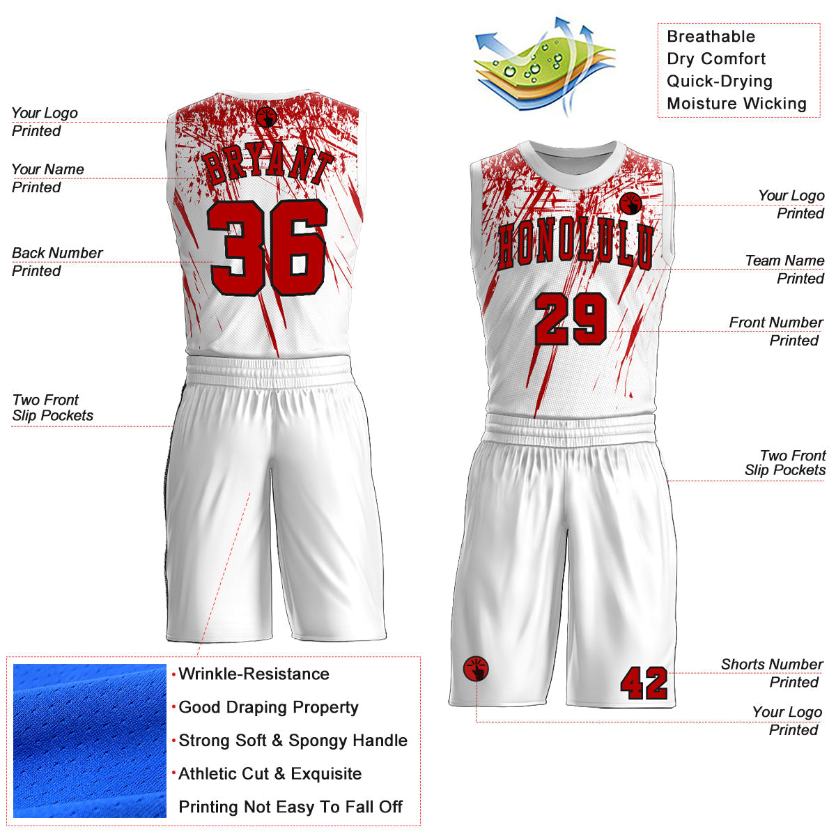 Custom White Red=Black Round Neck Sublimation Basketball Uniform Jersey view 2