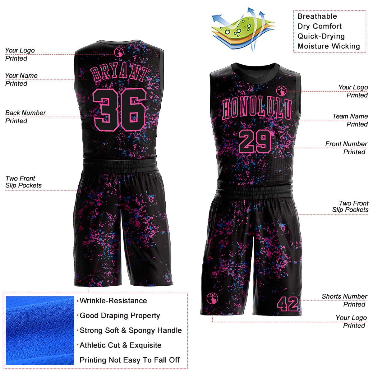 Custom Black Pink Round Neck Sublimation Basketball Uniform Jersey view 2