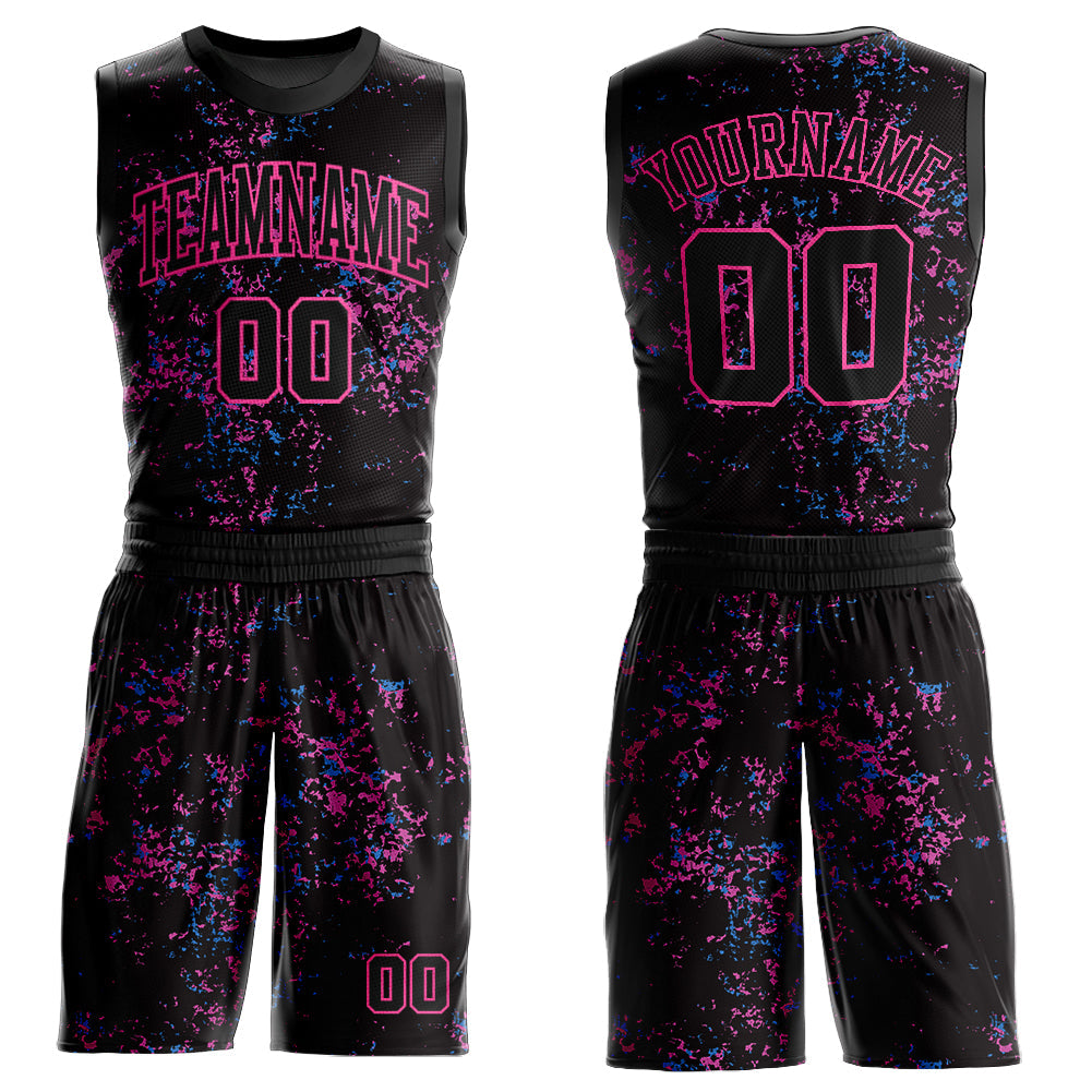 Custom Black Pink Round Neck Sublimation Basketball Uniform Jersey - Main View
