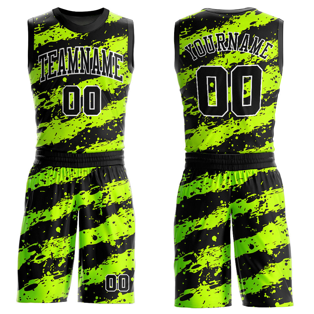 Custom Neon Green Black-White Round Neck Sublimation Basketball Uniform Jersey - Main View