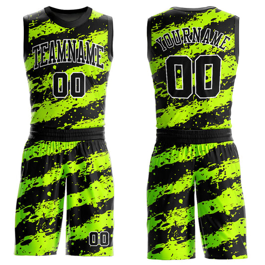 Custom Neon Green Black-White Round Neck Sublimation Basketball Uniform Jersey - Main View