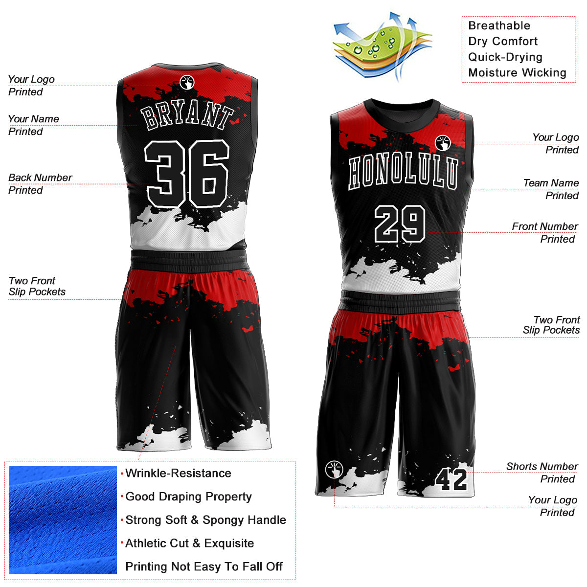 Custom Black Red-White Round Neck Sublimation Basketball Uniform Jersey view 2