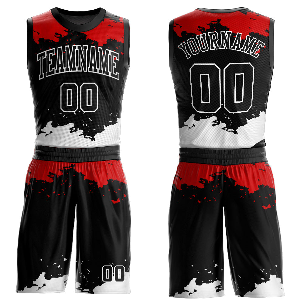 Custom Black Red-White Round Neck Sublimation Basketball Uniform Jersey - Main View