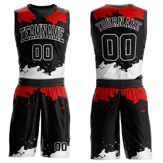 Custom Black Red-White Round Neck Sublimation Basketball Uniform Jersey - Main View