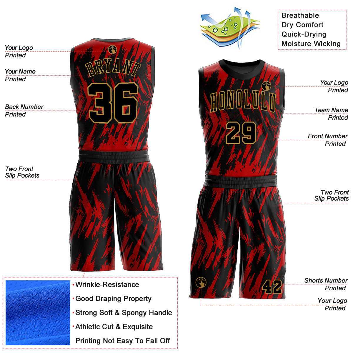 Custom Red Black-Old Gold Round Neck Sublimation Basketball Uniform Jersey view 2