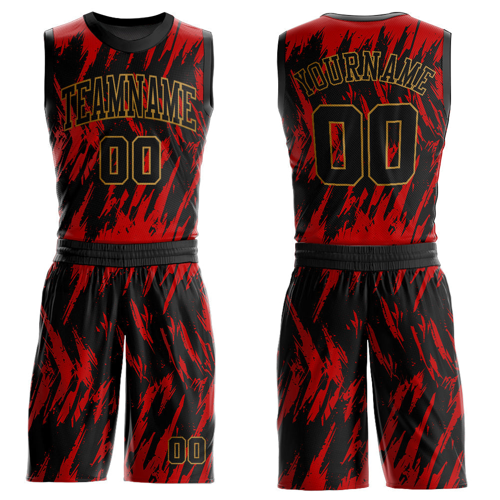 Custom Red Black-Old Gold Round Neck Sublimation Basketball Uniform Jersey - Main View