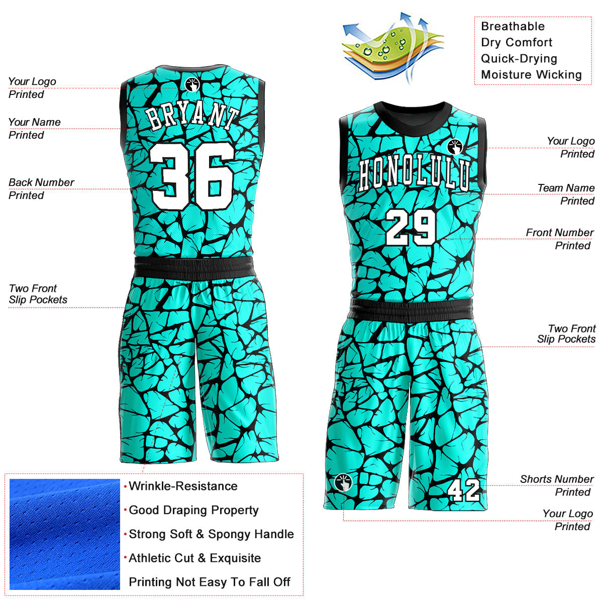 Custom Aqua White-Black Round Neck Sublimation Basketball Uniform Jersey view 2