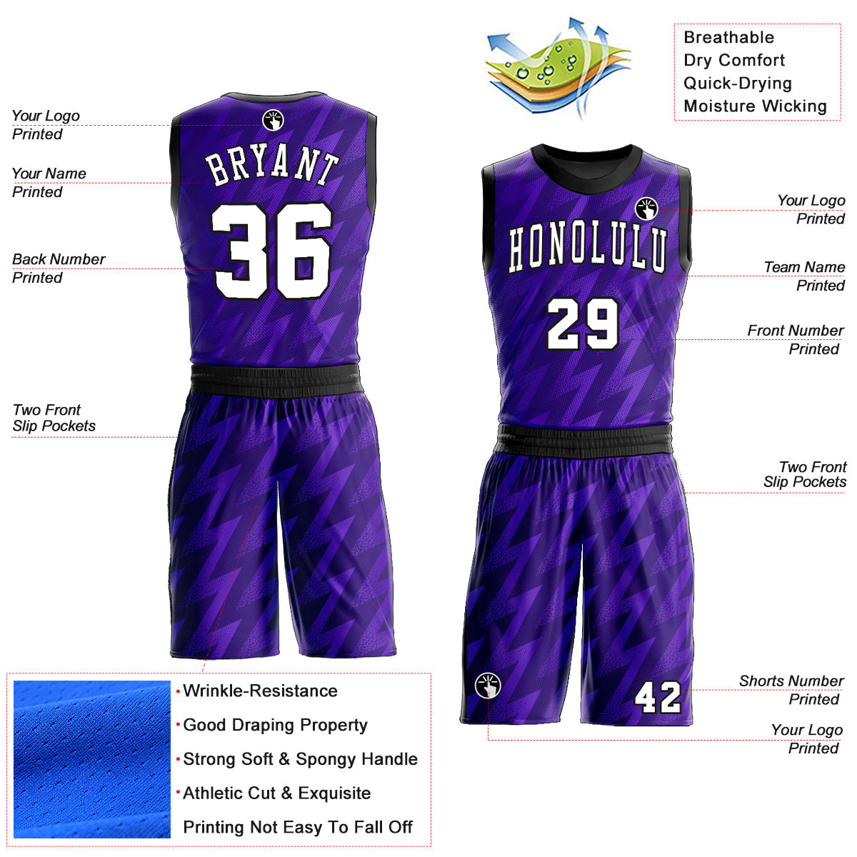 Custom Purple White-Black Round Neck Sublimation Basketball Uniform Jersey view 2