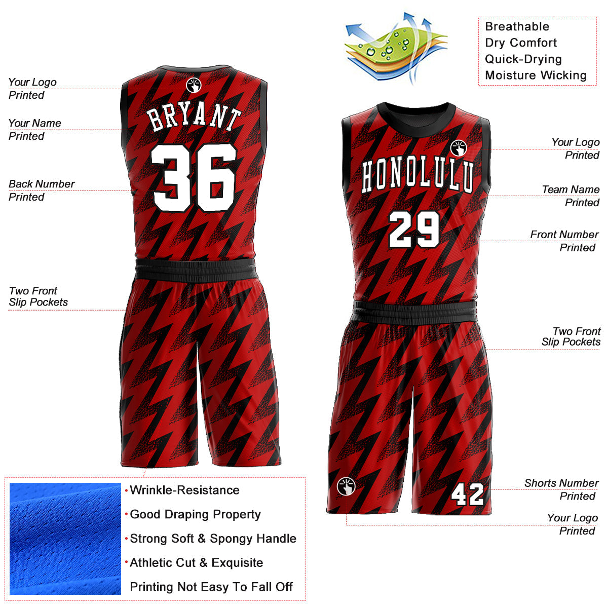 Custom Red White-Black Round Neck Sublimation Basketball Uniform Jersey view 2