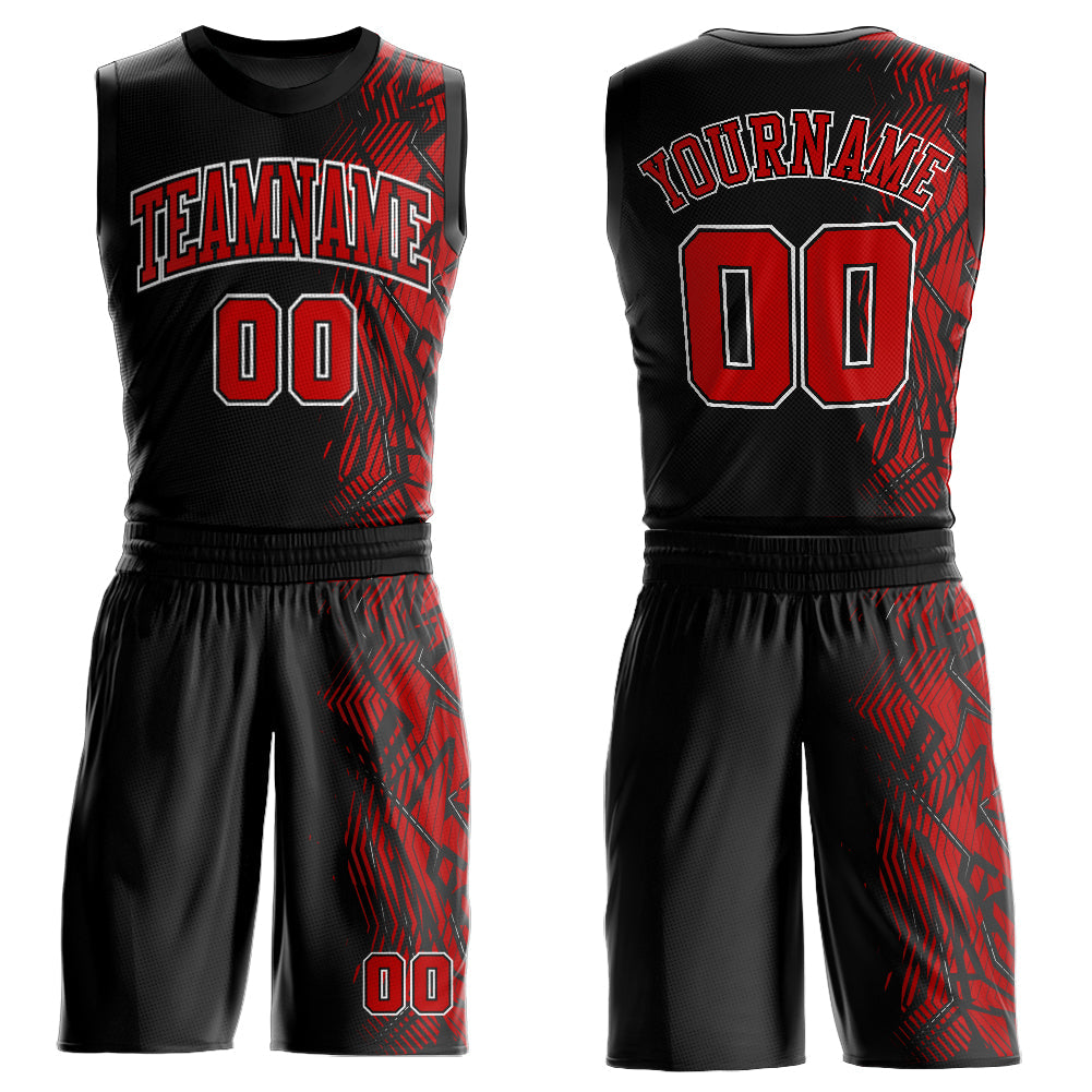 Custom Black Red-White Round Neck Sublimation Basketball Uniform Jersey - Main View