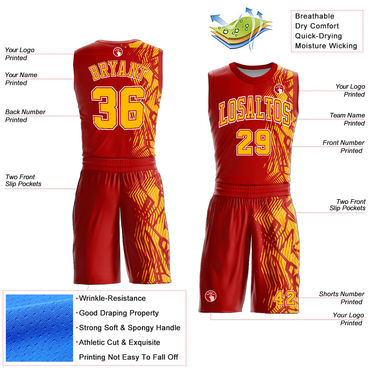 Custom Red Gold-White Round Neck Sublimation Basketball Uniform Jersey view 2