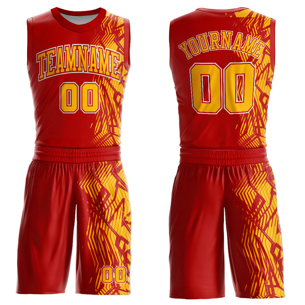 Custom Red Gold-White Round Neck Sublimation Basketball Uniform Jersey - Main View