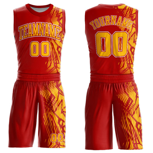 Custom Red Gold-White Round Neck Sublimation Basketball Uniform Jersey - Main View