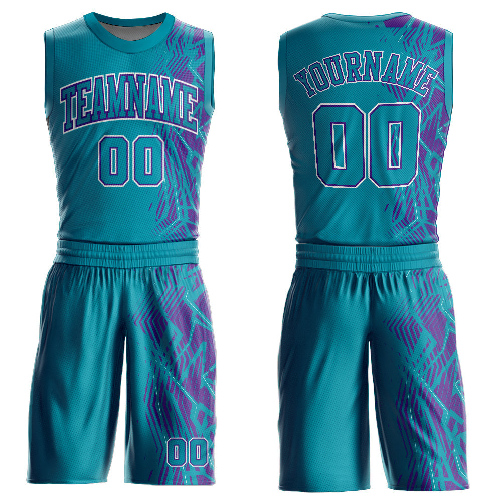 Custom Teal Purple-White Round Neck Sublimation Basketball Uniform Jersey - Main View