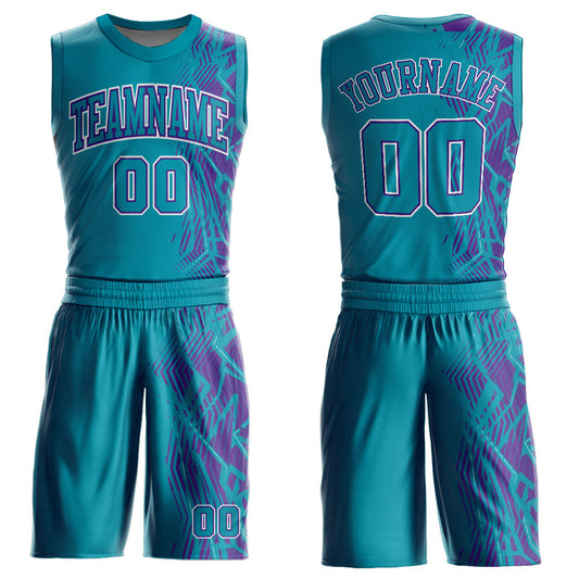 Custom Teal Purple-White Round Neck Sublimation Basketball Uniform Jersey - Main View