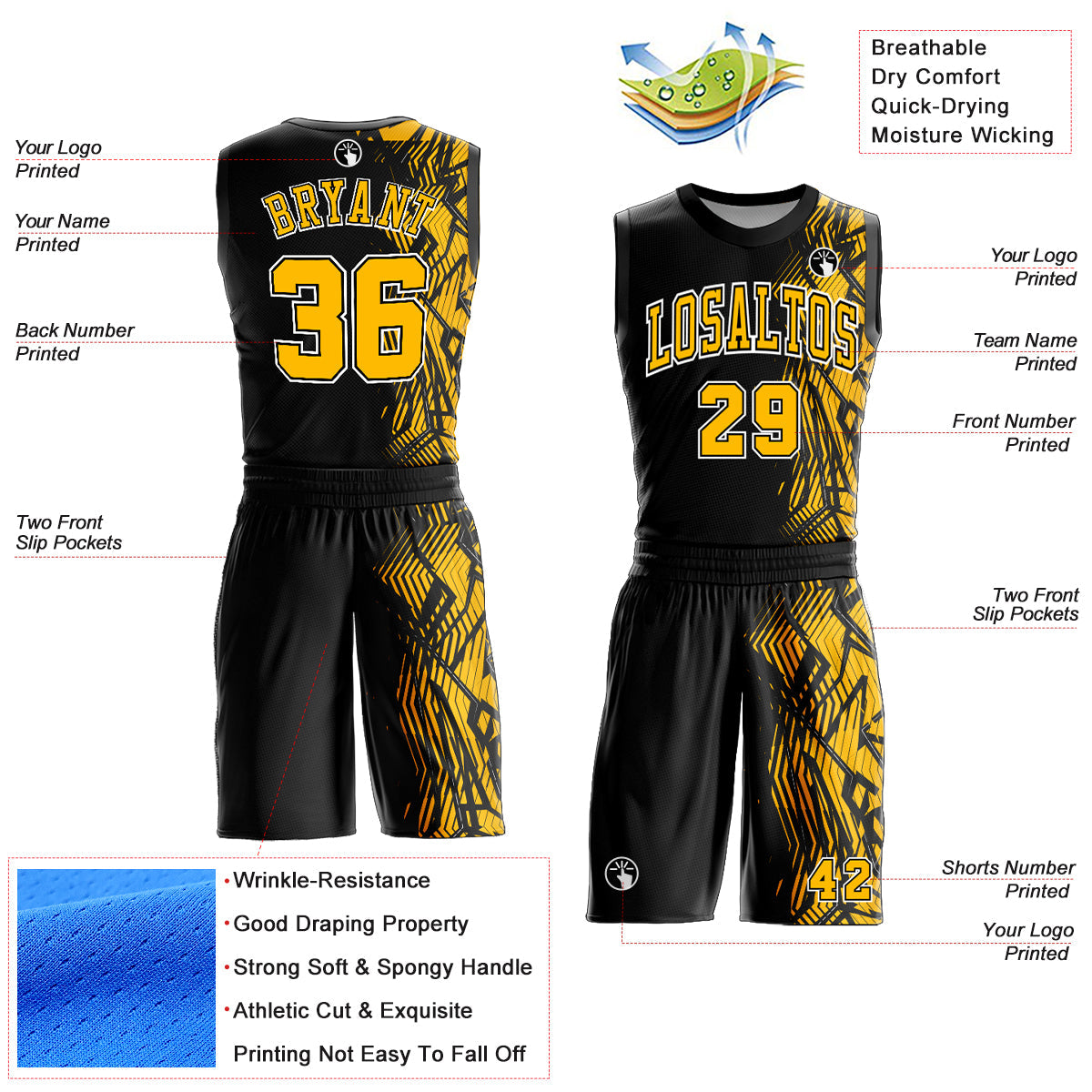 Custom Black Gold-White Round Neck Sublimation Basketball Uniform Jersey view 2