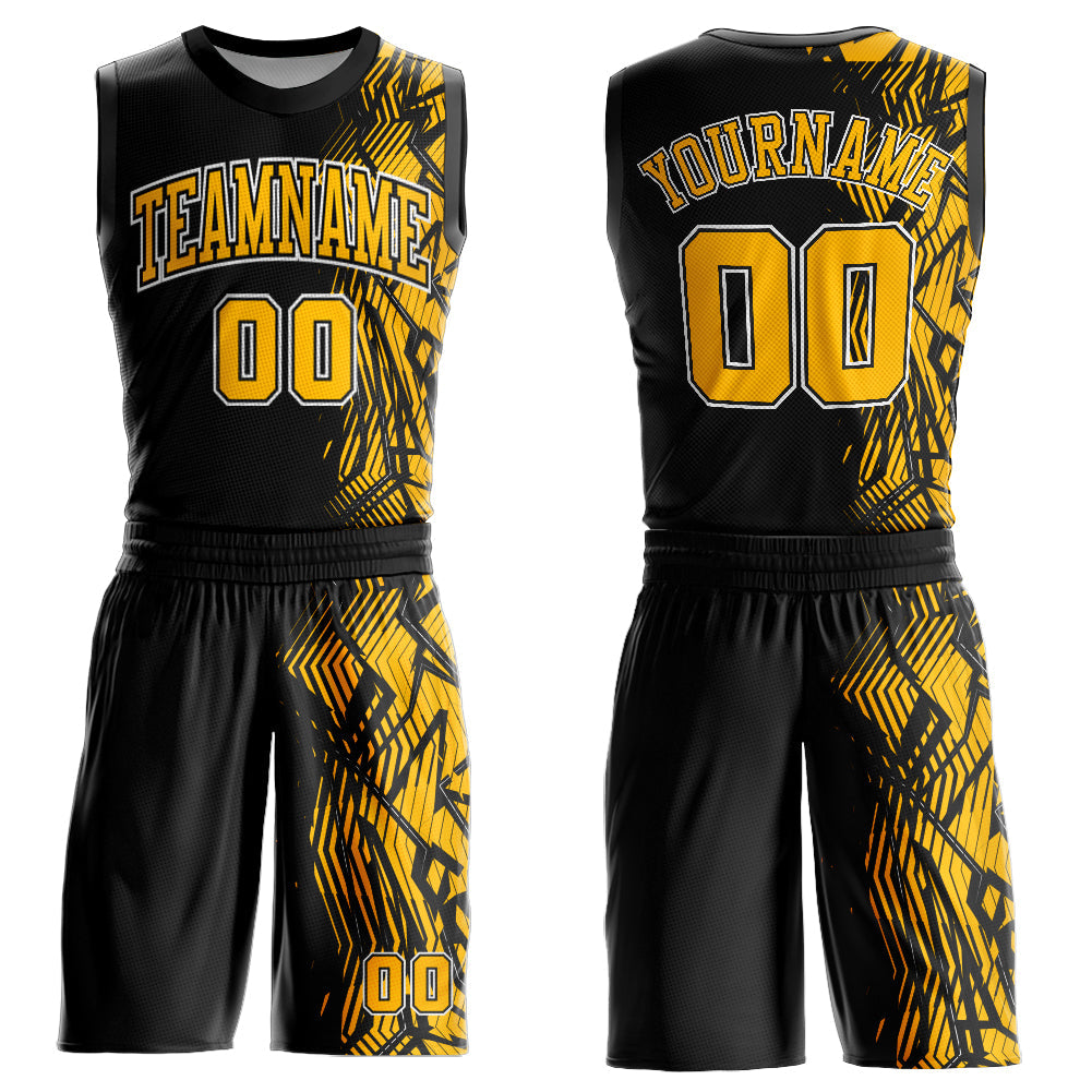 Custom Black Gold-White Round Neck Sublimation Basketball Uniform Jersey - Main View