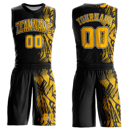 Custom Black Gold-White Round Neck Sublimation Basketball Uniform Jersey - Main View