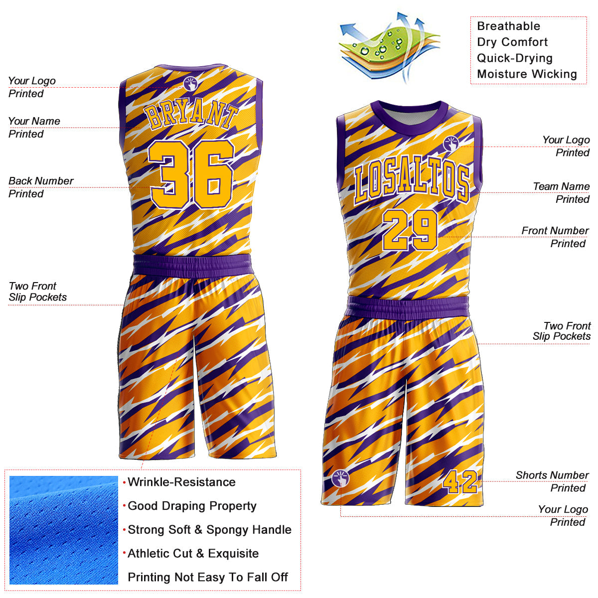Custom Gold Purple-White Round Neck Sublimation Basketball Uniform Jersey view 2
