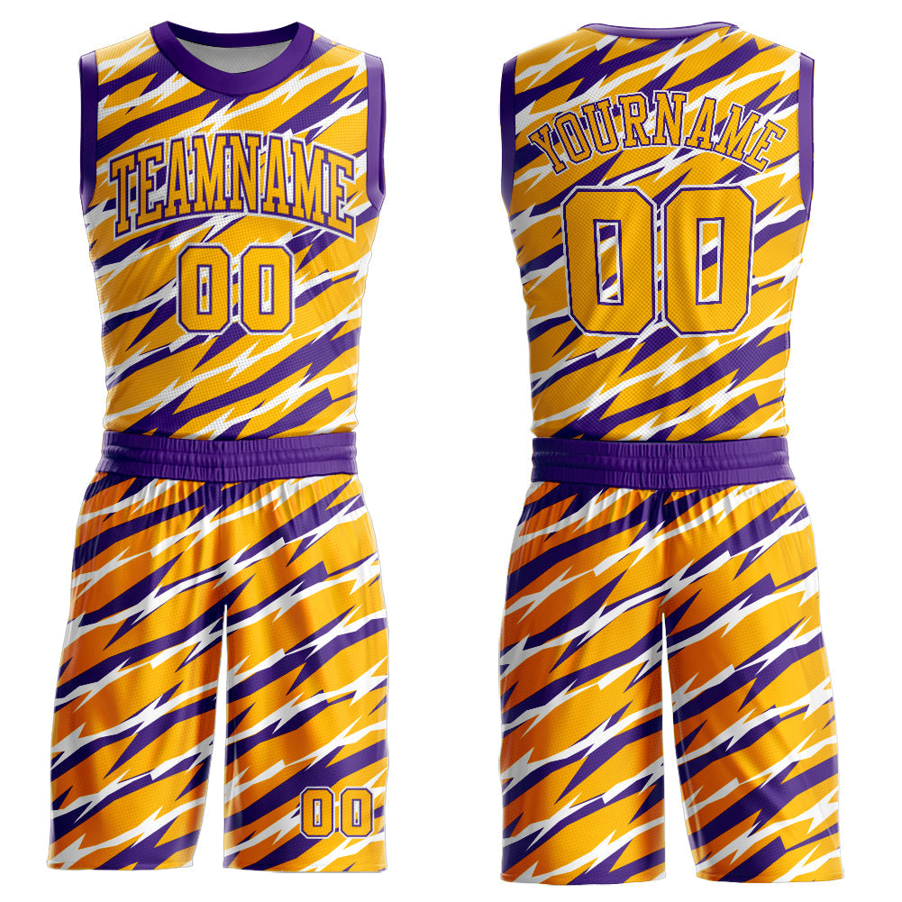 Custom Gold Purple-White Round Neck Sublimation Basketball Uniform Jersey - Main View