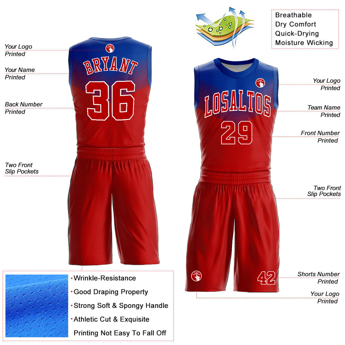 Custom Red Royal-White Round Neck Sublimation Basketball Uniform Jersey view 2