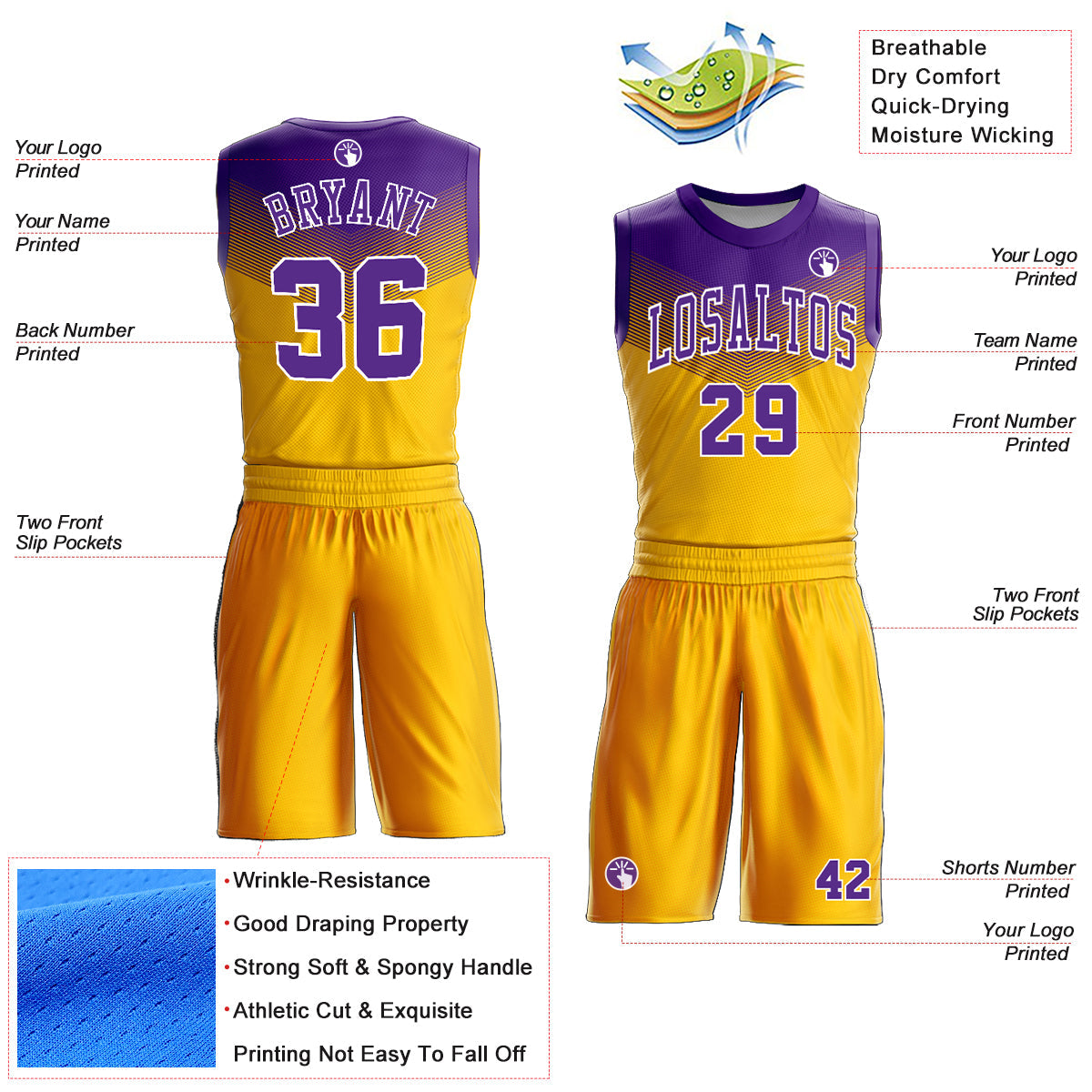 Custom Gold Purple-White Round Neck Sublimation Basketball Uniform Jersey view 2