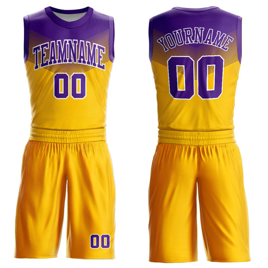 Custom Gold Purple-White Round Neck Sublimation Basketball Uniform Jersey - Main View