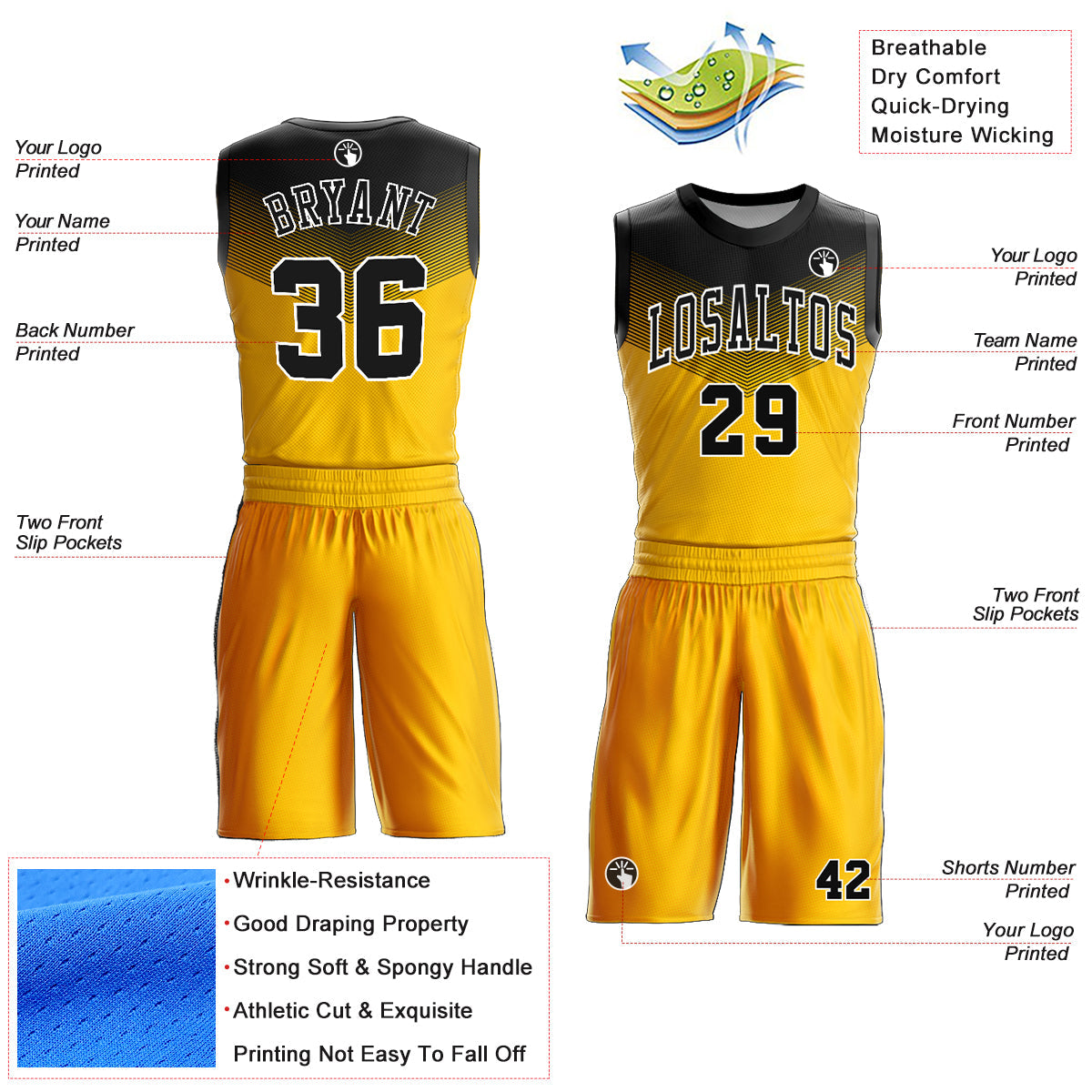 Custom Gold Black-White Round Neck Sublimation Basketball Uniform Jersey view 2