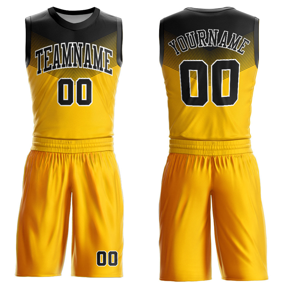 Custom Gold Black-White Round Neck Sublimation Basketball Uniform Jersey - Main View